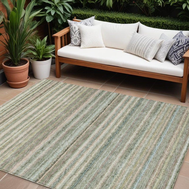 Tapis extérieur lavable rayé vert menthe et beige 10 pi x 14 pi