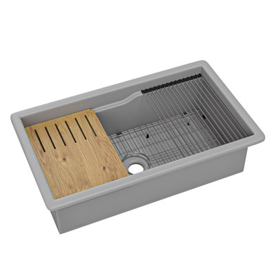 ALFI Brand ABFS3219SUD-W  White 32" X 19" Workstation Step Rim Single Bowl Fireclay Undermount / Drop In Kitchen Sink