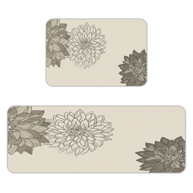 Dahlia croquis, 2 tapis de cuisine antidérapants, Croquis de dahlia beige / gris