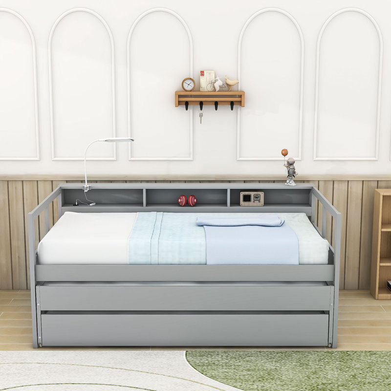 Twin XL Wood Daybed with Dual Twin Trundles, USB Charging and Storage, Gray