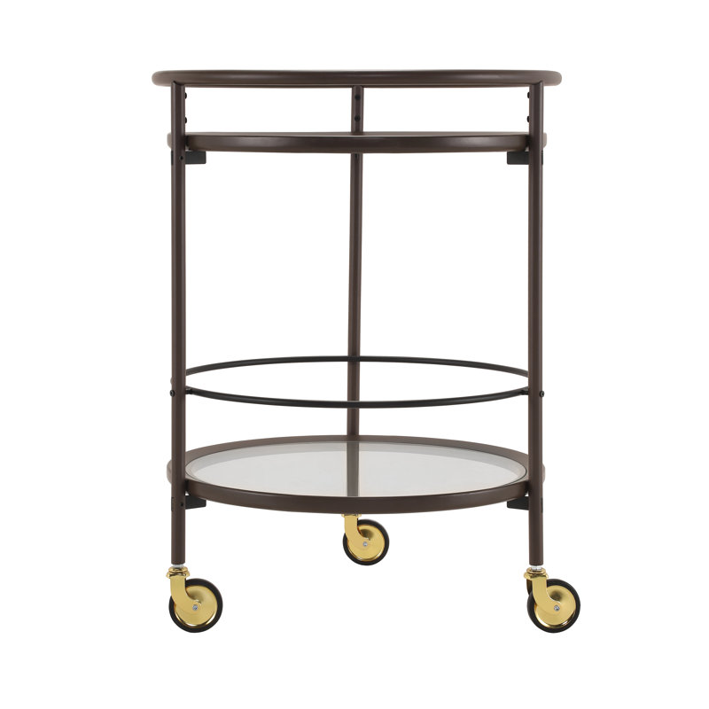 Chariot-bar rond brun moderne avec tablettes en verre trempé et roulettes verrouillables dorées, Espresso