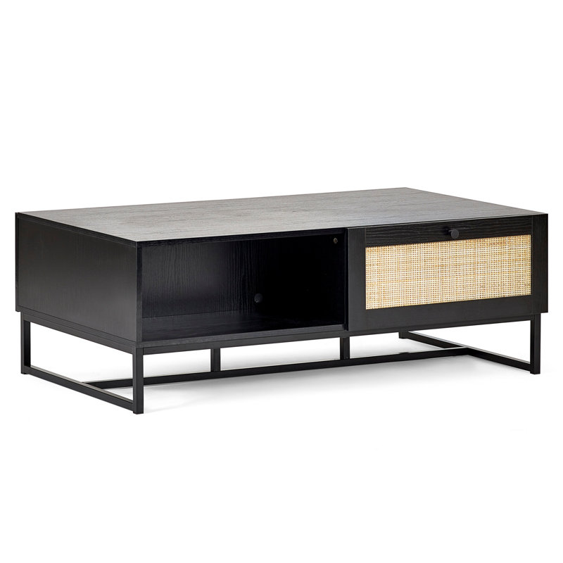 Reese Trestle Coffee Table with Storage, Black/Rattan