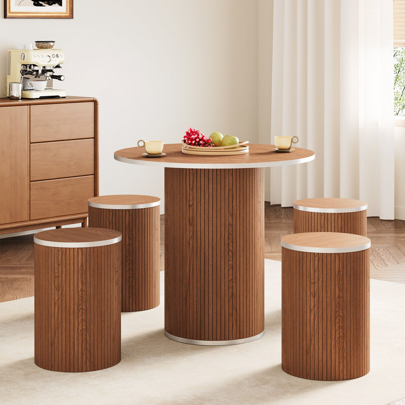 Round Pedestal Dining Table with 4 Stools, Brown