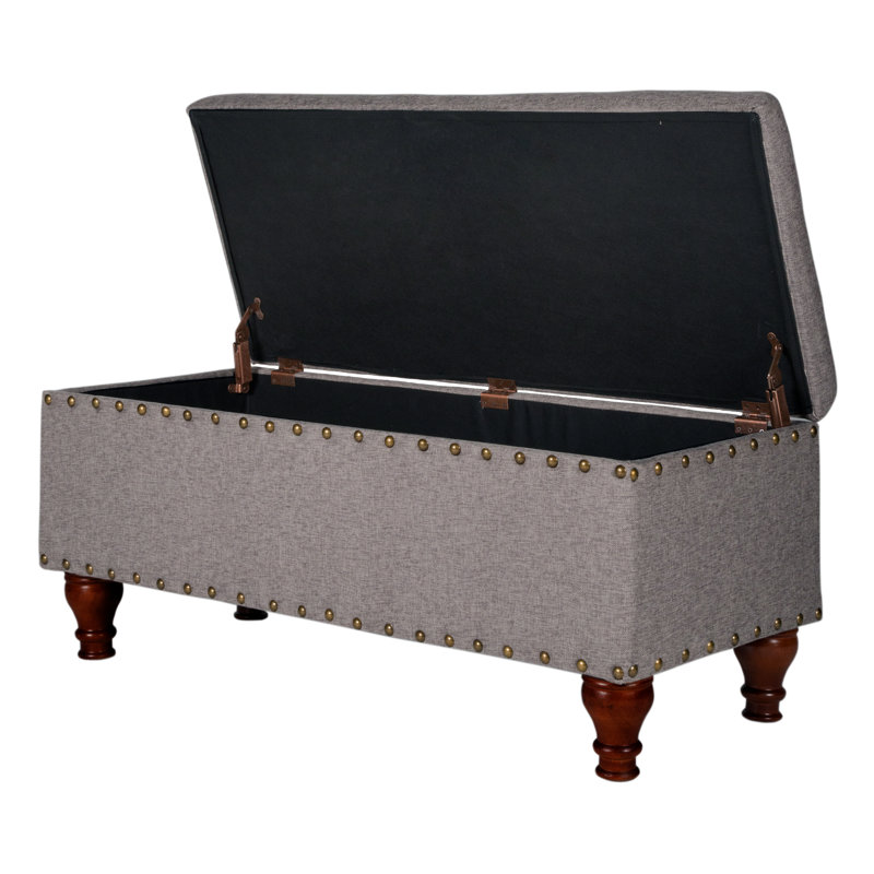 Collantes Upholstered Storage Bench, Grey/Brushed Brass Nailhead