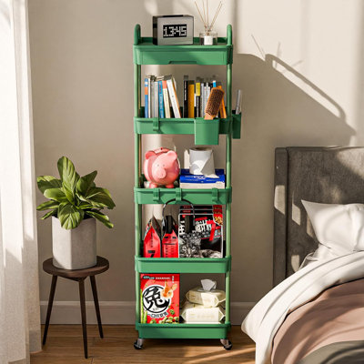 Chariot de rangement à roulettes à 5 niveaux avec roulettes, organisateur multifonctionnel avec tiroir, paniers et crochets pour la salle de bain, la cuisine, la salle de lavage, le bureau et la maison