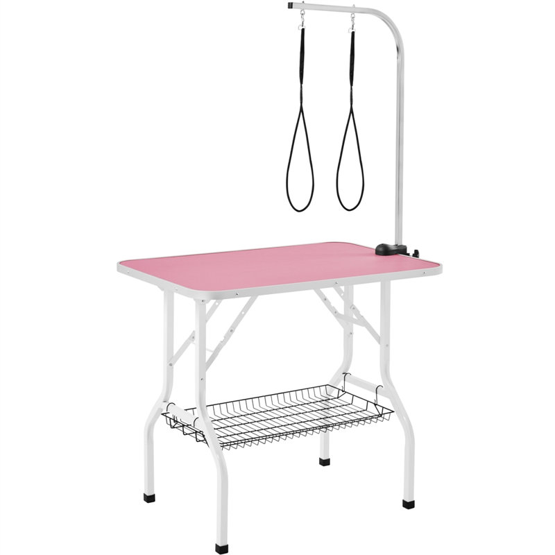 159cm H x 91cm W x 61cm D Adjustable and Foldable Dog Folding Grooming Table, Pink/White