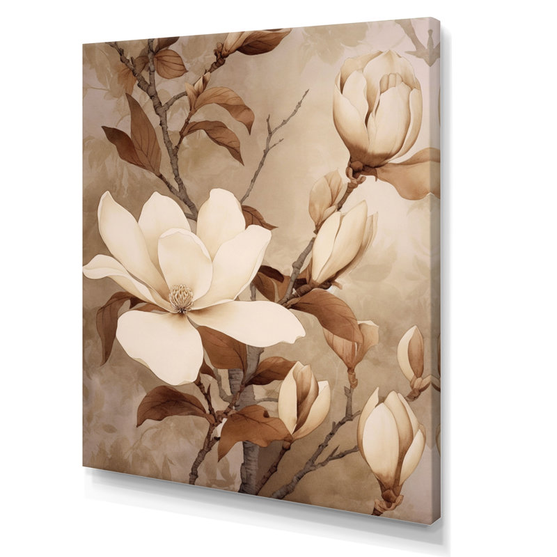 Blanc blanc brun Magnolias nature sérénité - art mural floral, Toile tendue, H 40 po x l 30 po x P 1,5 po