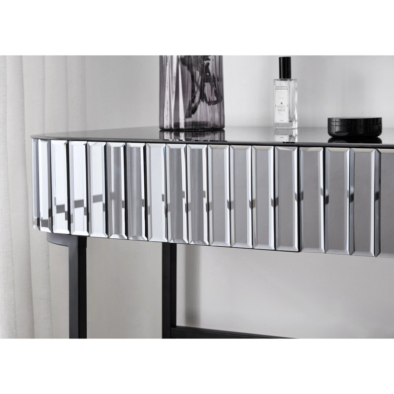 Bureau de 39 po à miroir avec base en acier inoxydable, 2 tiroirs - gris, pratique pour la chambre à coucher et le bureau