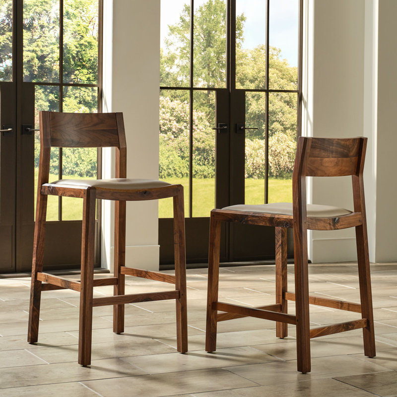Stickley Saranac Bar Stool, Solid Rustic Walnut, Sustainable Construction, Clothing-Safe, Curved Back, Curved Leather Seat, Footrest, Made in USA