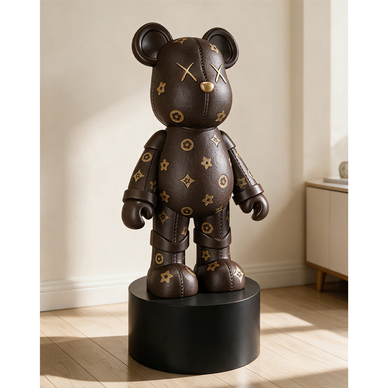 Figurine d'ours en résine contemporaine de luxe, sculpture de sol à imprimé rétro, objet de décoration tendance avec socle