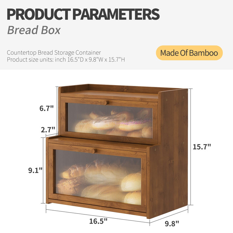 Boîte à pain à double couche en bambou pour comptoir de cuisine, porte-pain, rangement de pain de comptoir avec fenêtre (noir)