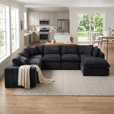  140" Boneless U-Shaped Sectional Sofa with Ottoman, No Assembly Required, 7 Seat Chenille Cloud Couch for Living Room