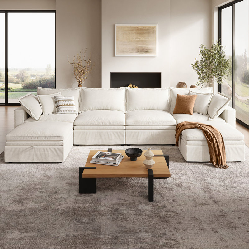 148" Down Cloud Couch, Oversized Modular Comfy Sofa for Living Room, U Shaped Sectional Couches with Detachable Sofa Cover, Storage Ottoman