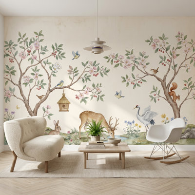 Papier peint paysage aquatique Woodland Blossoming Trees