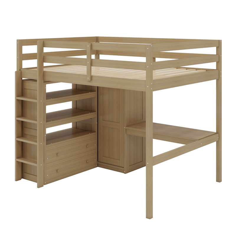 Lit mezzanine double avec bureau, tablettes et tiroirs, Noyer