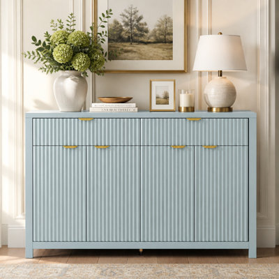 Buffet moderne avec 2 tiroirs et 4 portes, tablettes réglables, motif à vagues, poignées en aluminium, panneau de fibres à densité moyenne peint, rangement scandinave pour la salle à manger et le salon