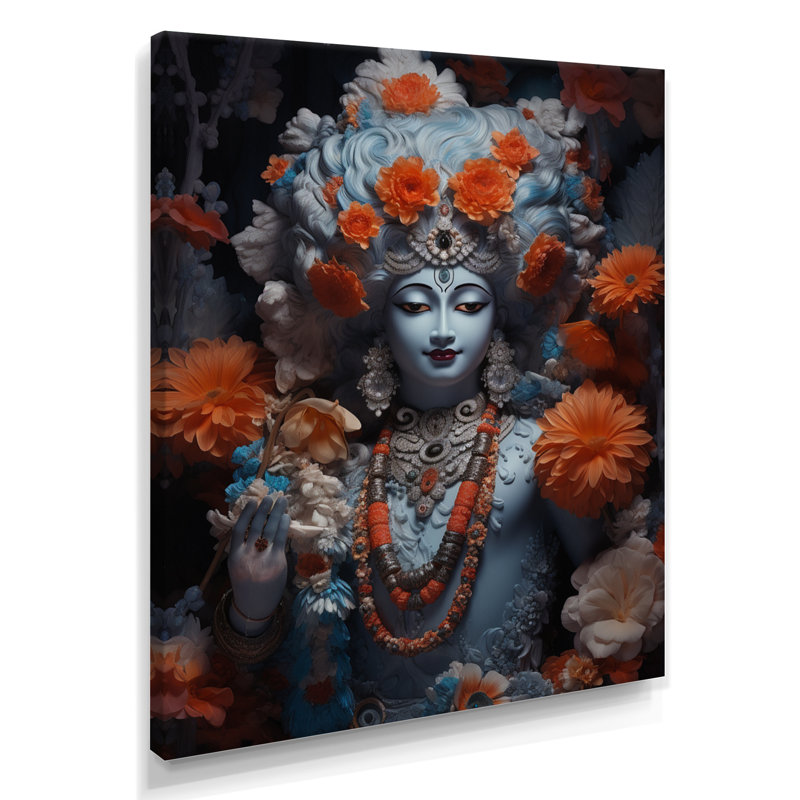 Krishna avec collier de perles et de fleurs oranges - Art mural de l'hindouisme, Toile tendue, H 40 po x l 30 po x P 1,5 po