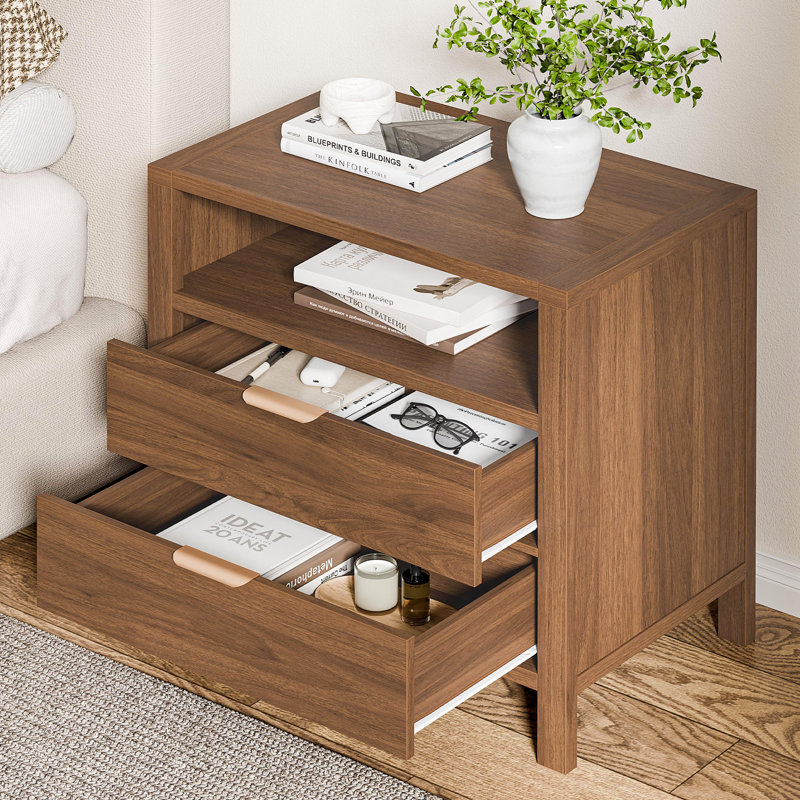 Table de chevet 2 tiroirs 28 po avec tablette, H 26,38 po x l 27,95 po x P 17,32 po, Noyer, 1