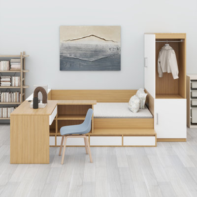 Lit plateforme en bois avec tiroirs, tablettes, bureau et garde-robe