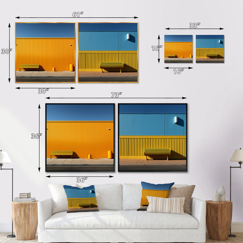 Jaune et bleu ordre linéaire zen - formes abstraites carrées ensemble de 2 collages, Toile tendue, H 30 po x l 61 po