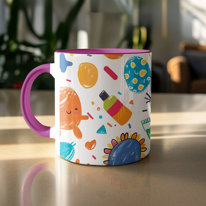Kids Drawing Style 11oz Accent Mugs – Ceramic Coffee Cup with a Purple Handle and Interior