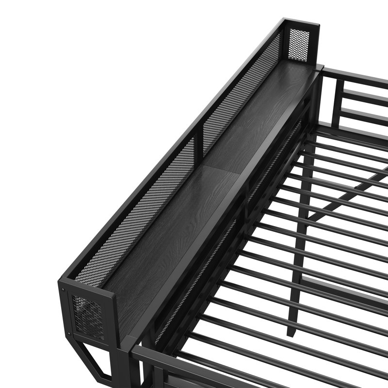 Metal Loft Bed Frame With Wardrobe, Storage Shelves, Black