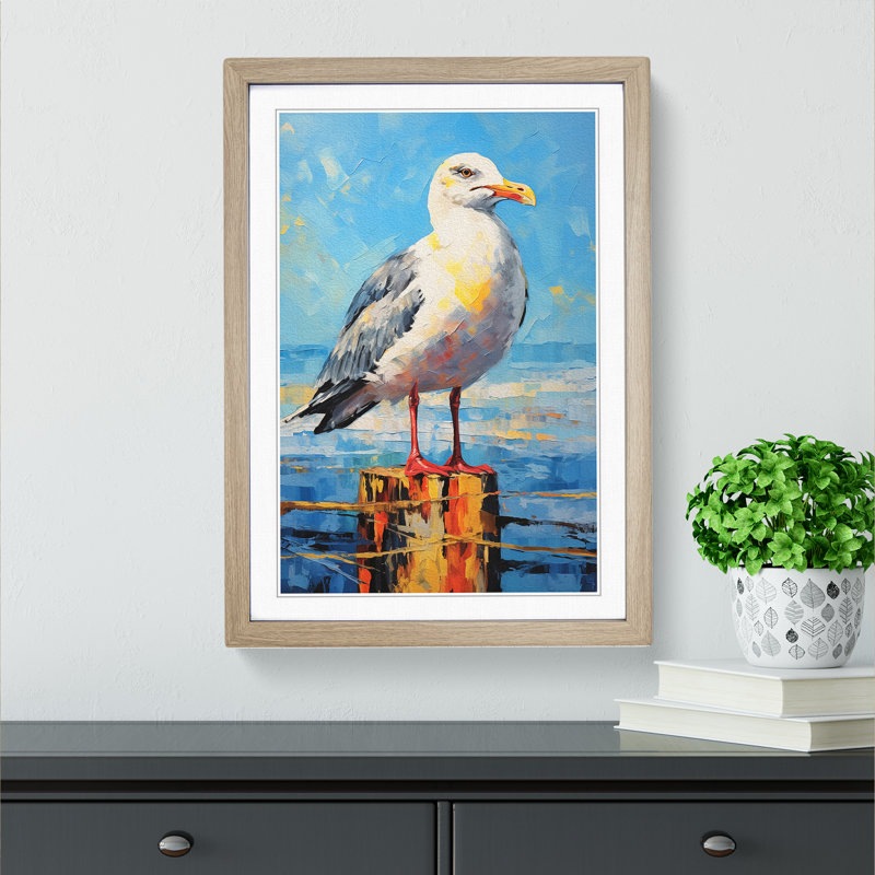 Seagull Expressionism - Single Picture Frame Print on Wood, Oak, 34cm H x 25cm W x 2cm D