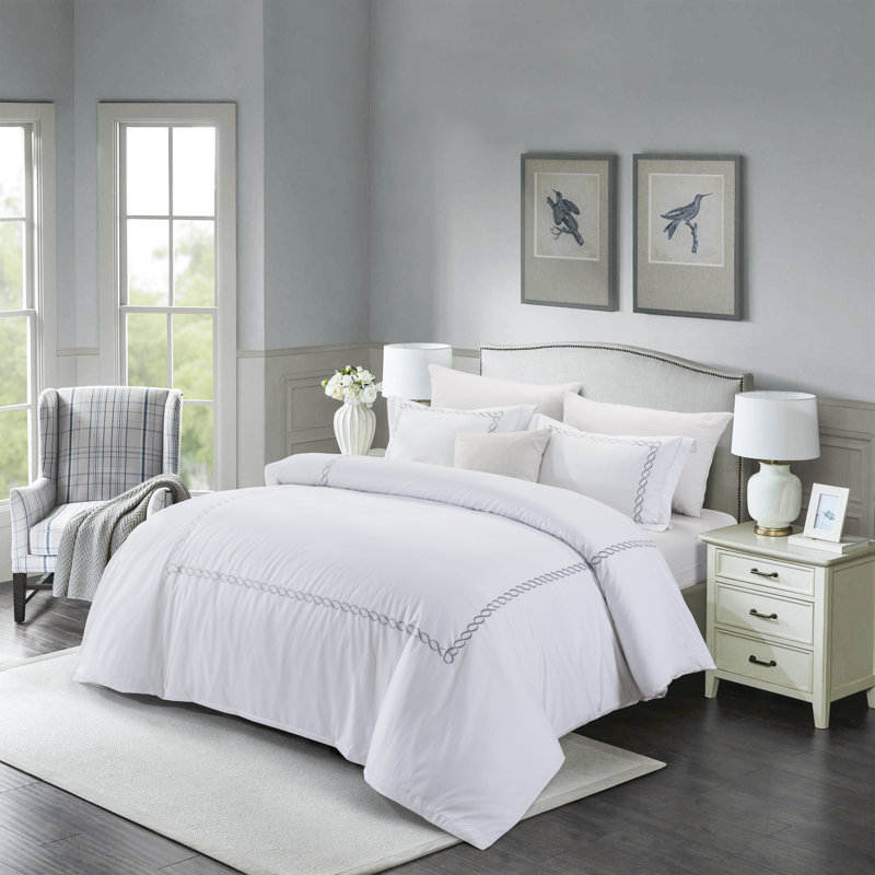 Luxury Embroidered Hotel Stitch Duvet Cover Set 500 Thread Count, Queen Duvet Cover + 2 Shams, Silver
