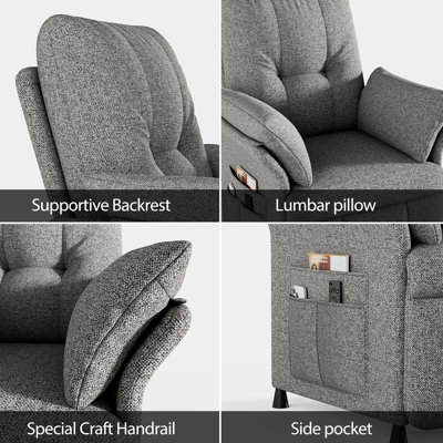 Fauteuil inclinable électrique avec fonctions de chauffage et de massage - Canapé électrique avec télécommande et 3 poches latérales; Prend en charge l'inclinaison à plat à 180 ° (mode sommeil); Convient aux salons et aux cinémas maison, gris clair