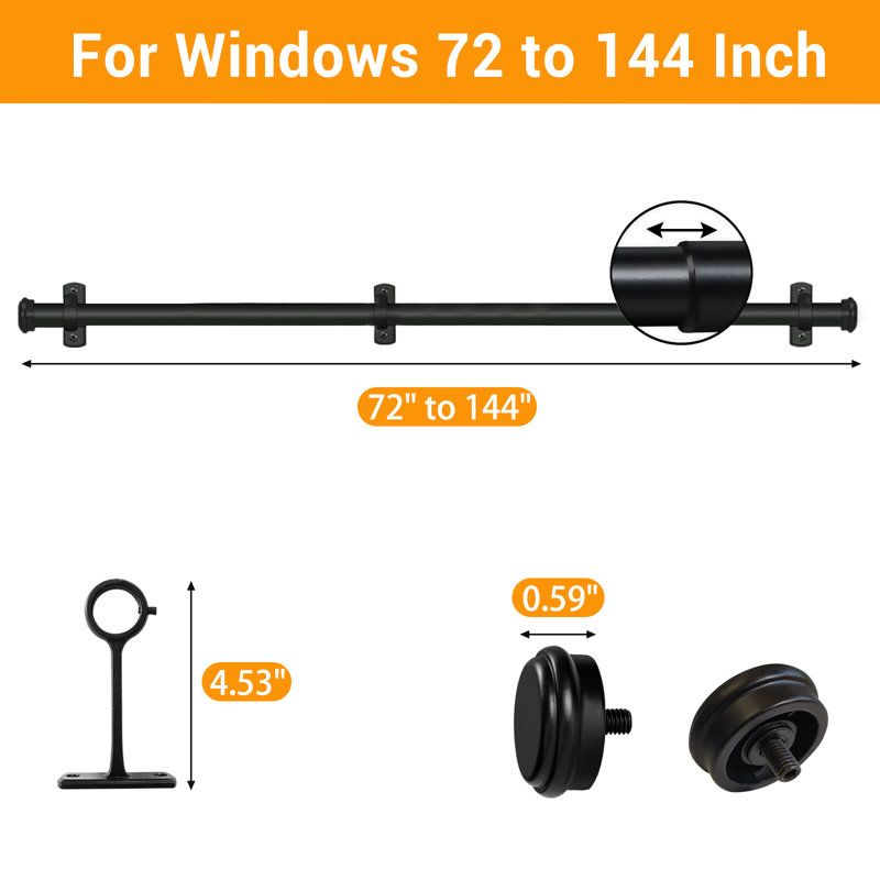 Aresha 1" Dia. Curtain Rods Adjustable Length Single Curtain Rod Black for Ceiling/Wall Mounting, 72" - 144"