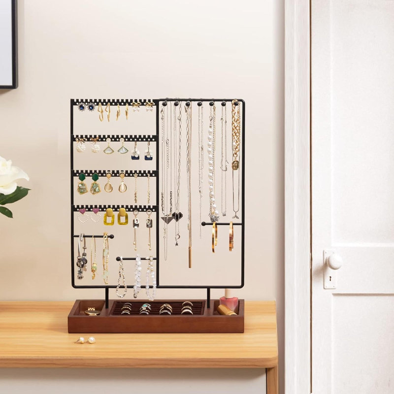 Organisateur de bijoux avec support à boucles d'oreilles et plateau à bagues en bois amovible - Noir