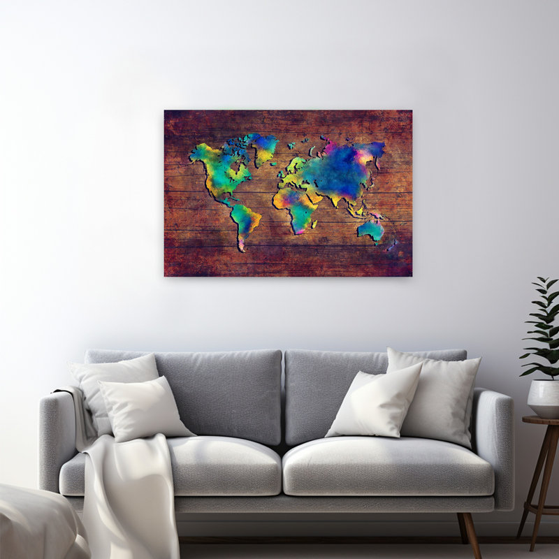Art mural contemporain coloré carte du monde, H 32 po x l 48 po