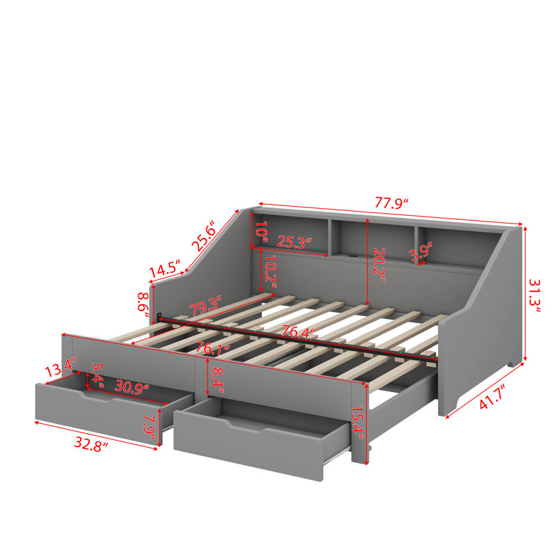 Convertible Daybed Frame King Size With Stylish Storage Bookcases, Grey