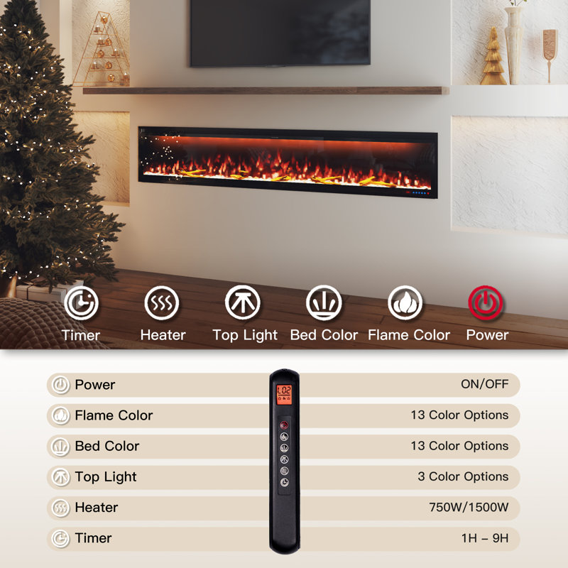 Wall Mounted/Recessed-In Electric Fireplace With Smart WIFI, 17" H x 88" W x 6.3" D