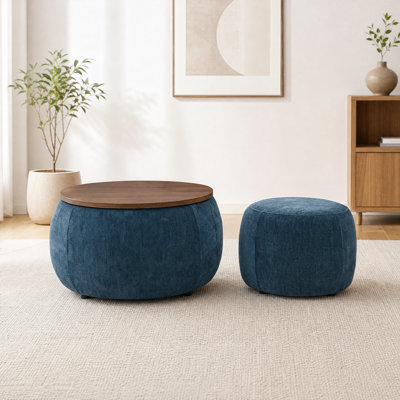 2-In-1Round Fabric Storage Ottoman - Footstool, Seat & End Table In One