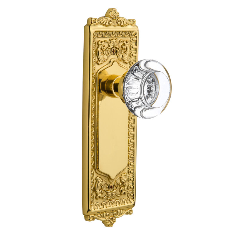 Egg & Dart Plate with Round Clear Crystal Door Knob, Unlacquered Brass