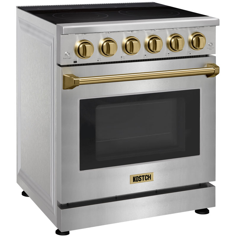 Cuisinière électrique professionnelle de 30 po avec 5 éléments chauffants Kostch, capacité de four à convection de 4,55 pieds cubes, surface de cuisson en verre lisse en acier inoxydable avec accents bronze