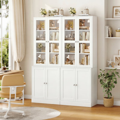 2-piece White Tall Bookcase With Glass Doors, Modern Storage Bookshelf With Adjustable Shelves & Extra Desktop