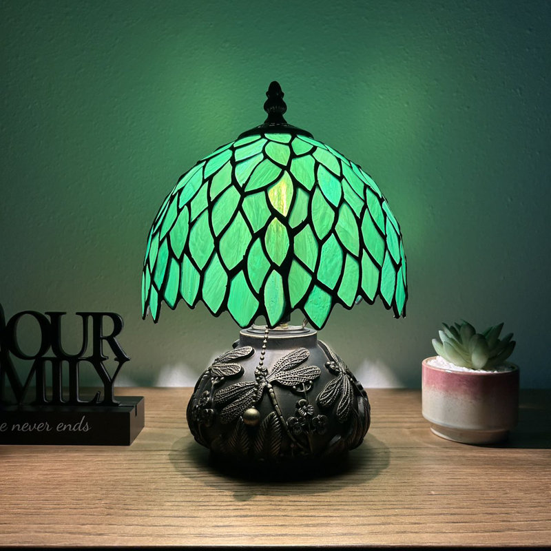 Standwood Tiffany Mini Table Lamp Stained Glass Green Leaves Included LED Bulb Dragonfly Base 12"H*8"W*8"D