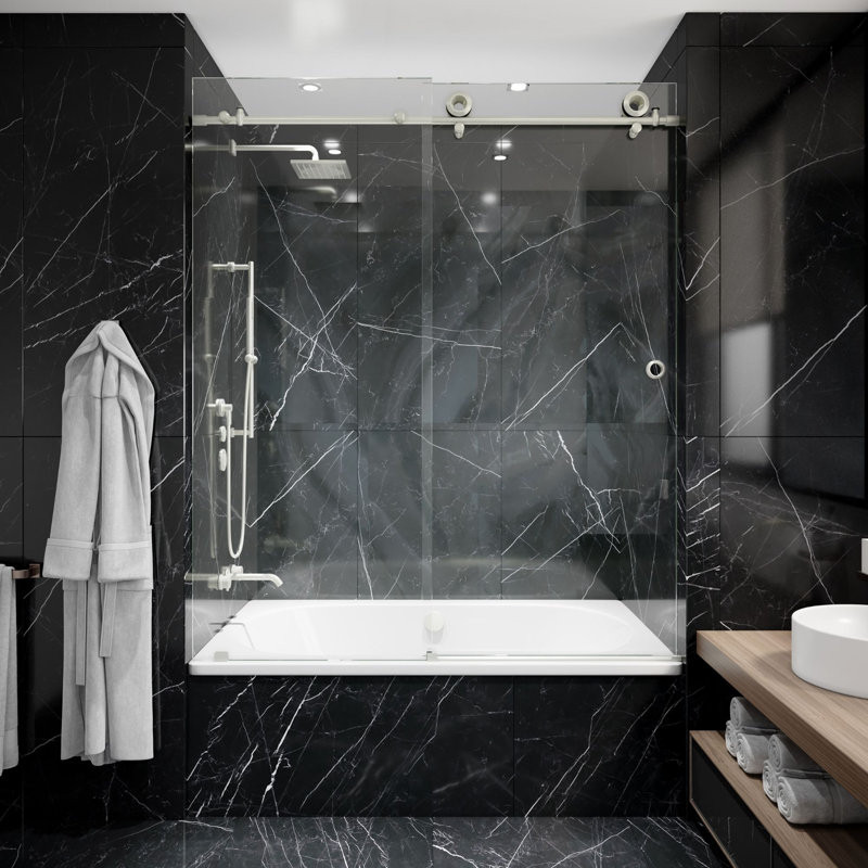 Hugo 56 - Porte de baignoire coulissante sans cadre 60 x 62 po en verre trempé transparent 3/8 po, Acier Inoxydable