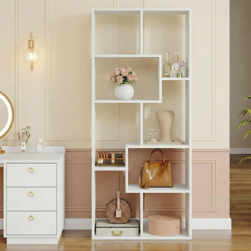 71" Modern Geometric Bookcase with Staggered Shelves and Horizontal or Vertical Placement, White