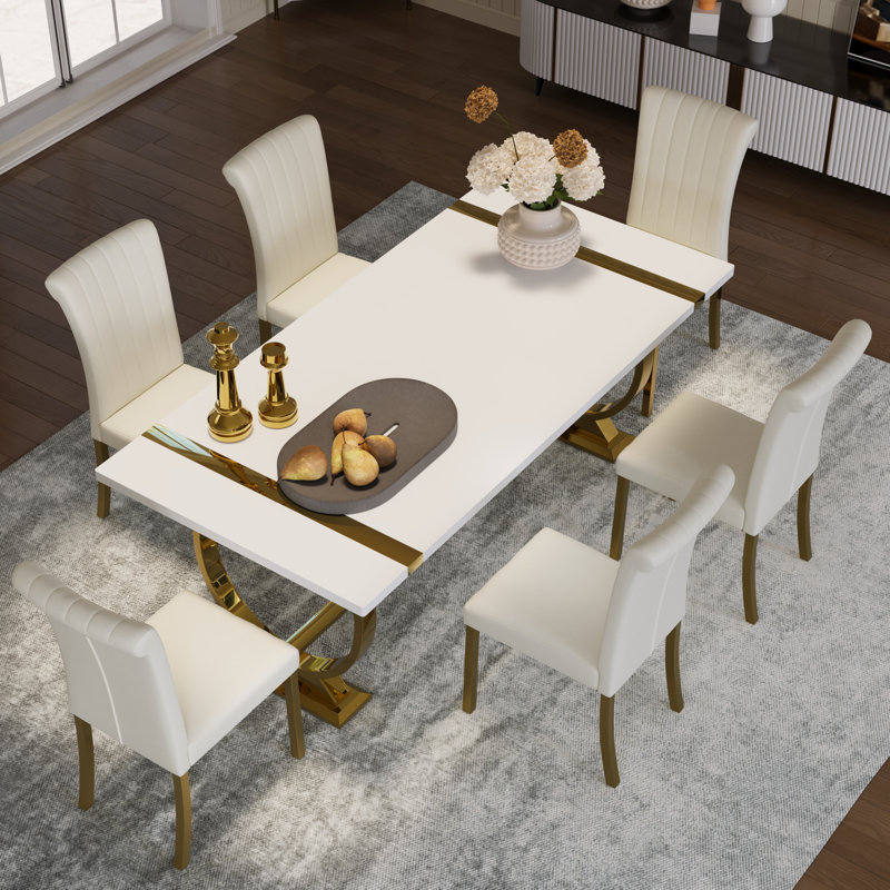 Ensemble de table de salle à manger de luxe 7 pièces blanc et or avec 6 chaises de salle à manger en cuir blanc, Blanc, Doré