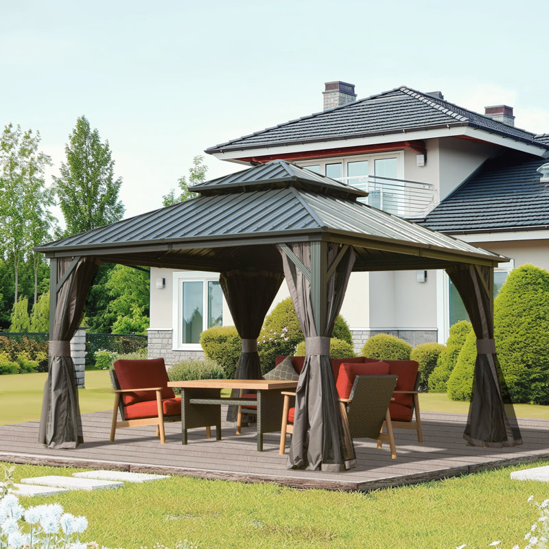 Galvanized Steel Patio Gazebo with Overhang Slope-design Double Roof, 12 ft x 12 ft