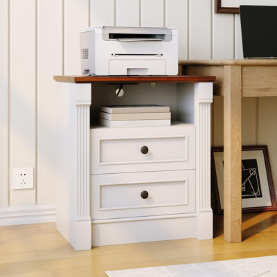 White Farmhouse Nightstand with Charging Station and 2 Drawers, 24" Wide Wood End Table with Roman Column Design