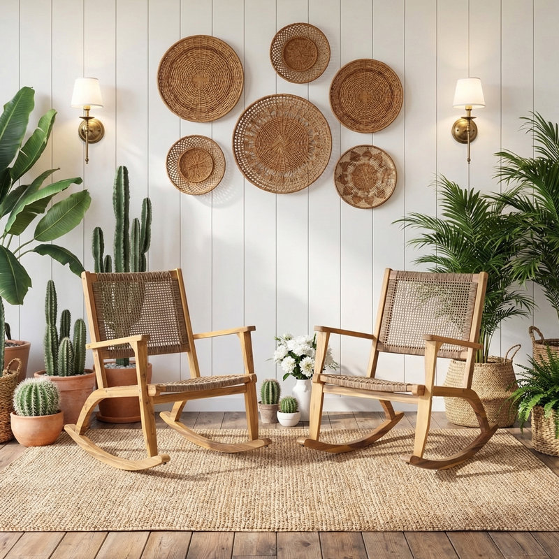 Ensemble de 2 chaises berçantes d'extérieur en bois d'acacia pour l'extérieur avec siège et dossier en rotin, Nature