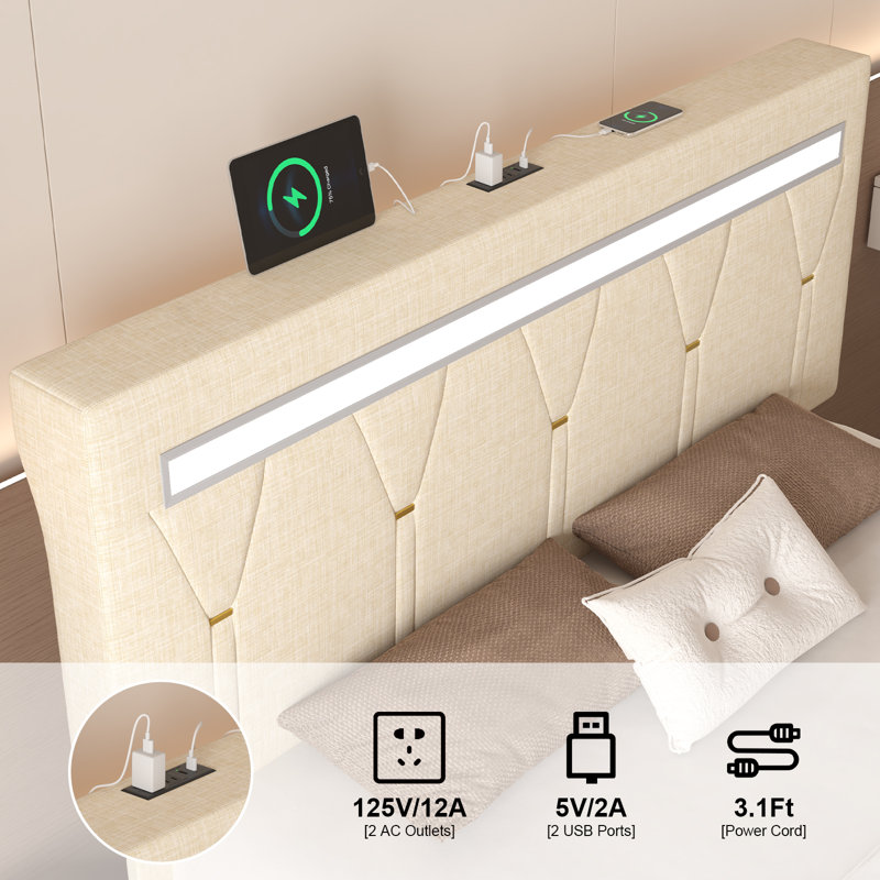 Santrese Upholstered Platform Bed Frame with Modern Headboard, Charging Station, No Box Spring Needed, Beige, Queen
