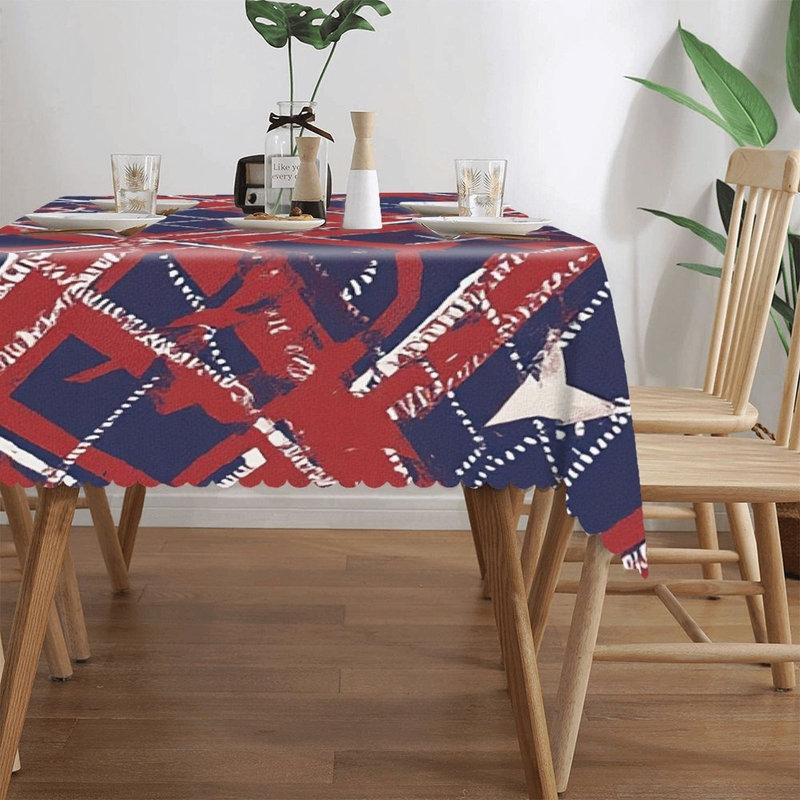 Red Blue Plaid Star Pattern Juneteenth 60" x 120" Rectangular Table Cover with Scalloped Edges