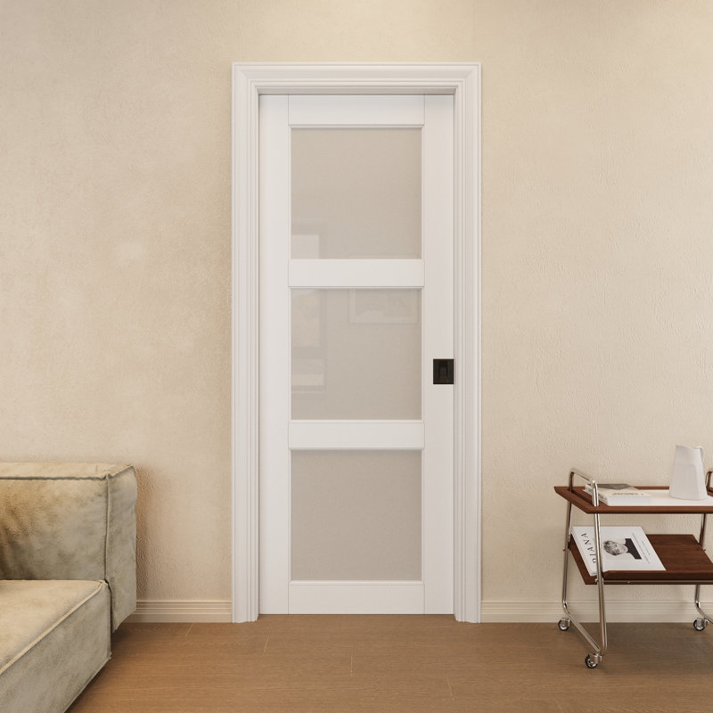 Porte de garde-manger coulissante en verre givré 3 portes avec verrou d'intimité et fermeture en douceur, 28 po x 80 po