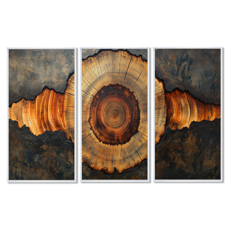 «Wood Slide Overhead», art mural encadré abstrait à 3 panneaux, H 40 po x l 60 po, Cadre flottant blanc