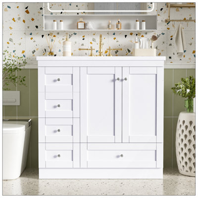 Armoire de meuble-lavabo autoportante de 36 po de style Shaker avec lavabo, 4 tiroirs à fermeture en douceur et 2 portes à fermeture en douceur
